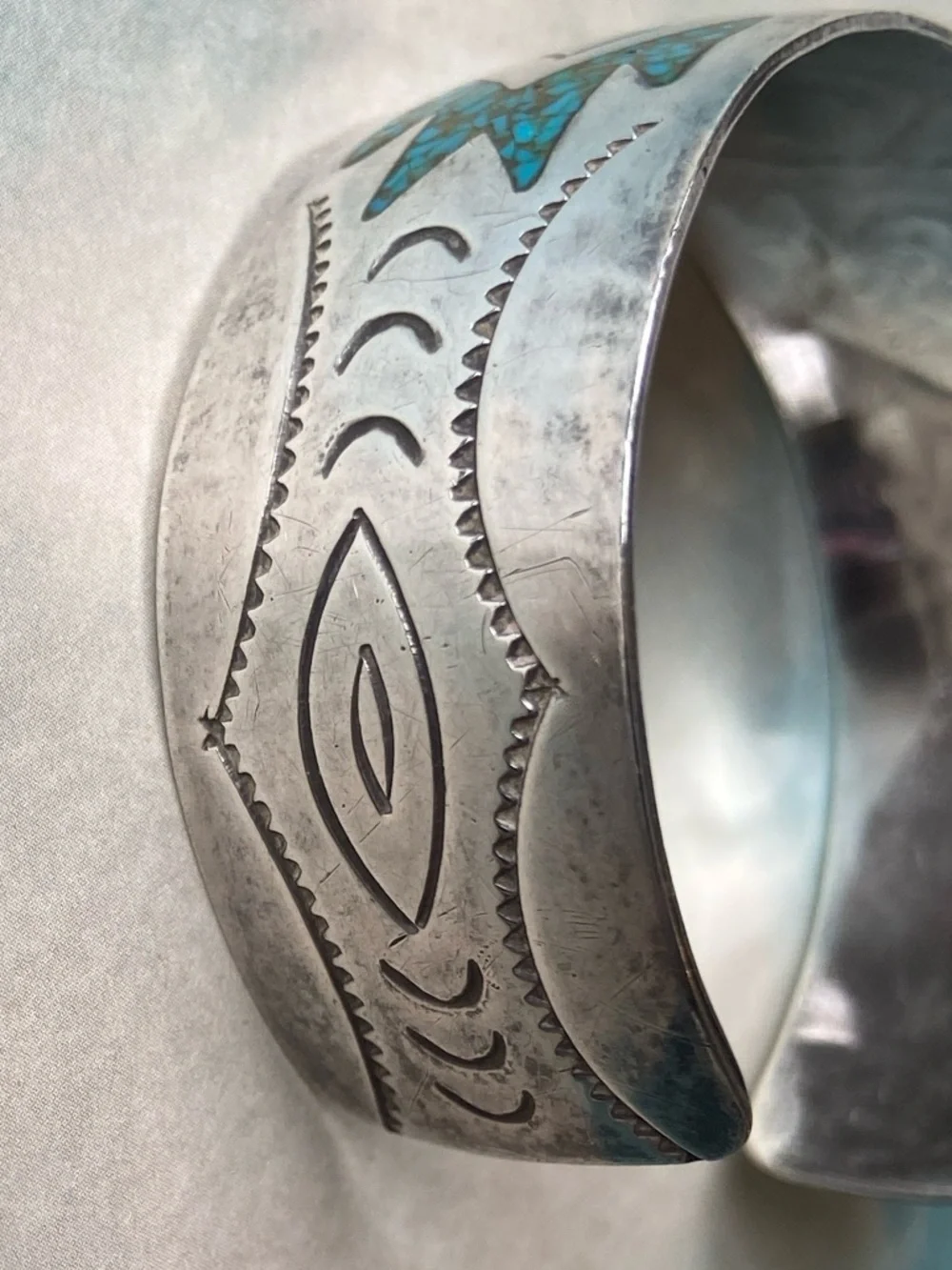 Turquoise and Corral Inlay Sterling Silver Cuff Bracelet, Native American - Picture 10 of 14